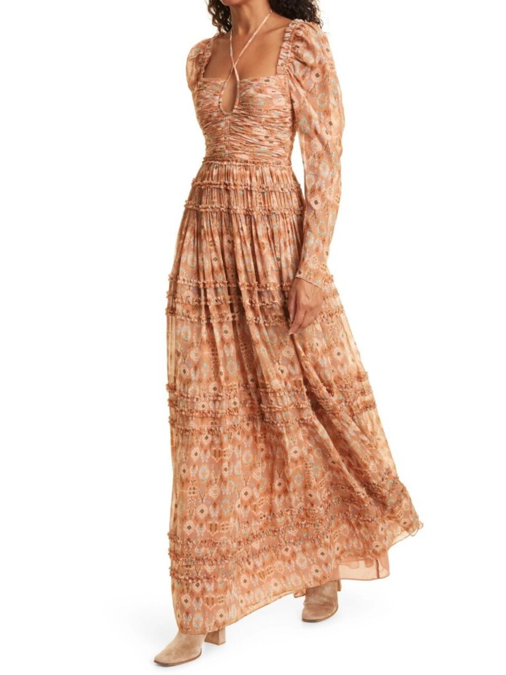 Ulla Johnson Rabia Long Sleeve Tiered Chiffon Silk Maxi Dress in Horizon Size 2 - Picture 3 of 6